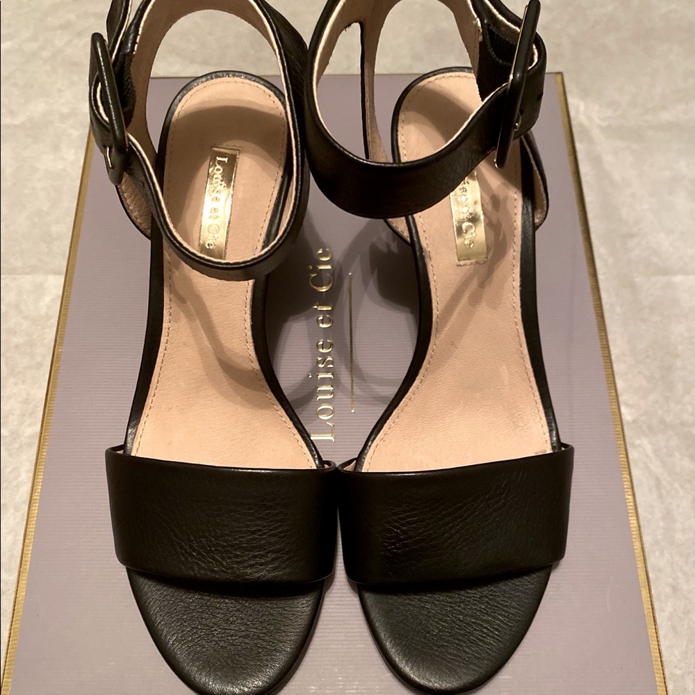 Louise et Cie black leather open toe wedges. Brand new with box.